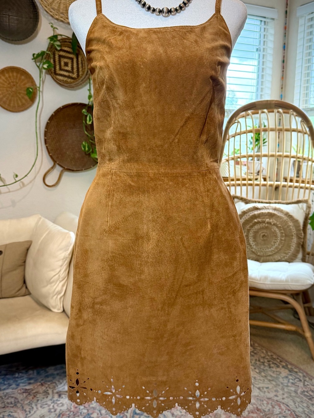 Vintage Suede Leather Southwest Western Cowgirl Country Sleeveless Boho Dress  S